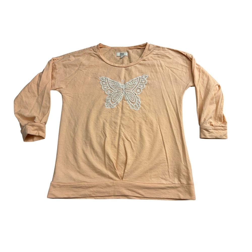 True Craft Butterfly Crochet Top Womens XL Peach Fair Long Sleeve Gathered Front